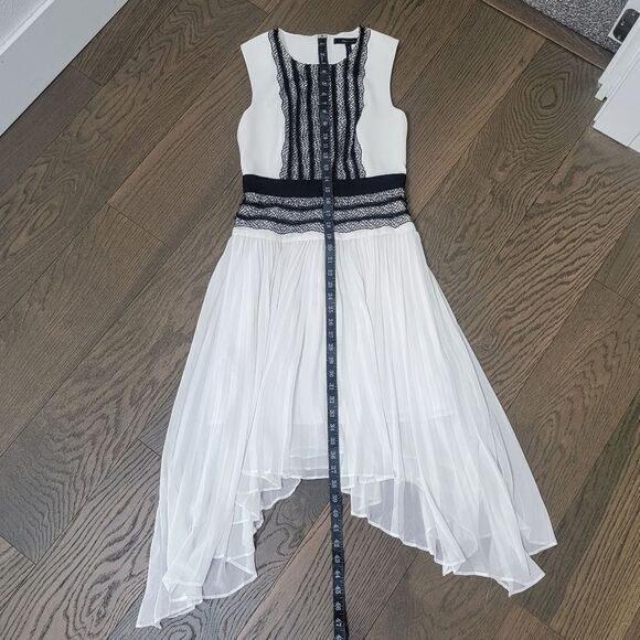 BCBGMAXAZRIA Adelyn Pleated Lace Sleeveless Hi Low Dress in White & Black - Picture 13 of 16